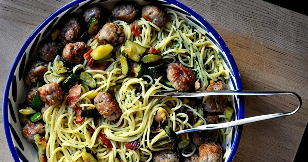 Запеченная паста с колбасками и цукини