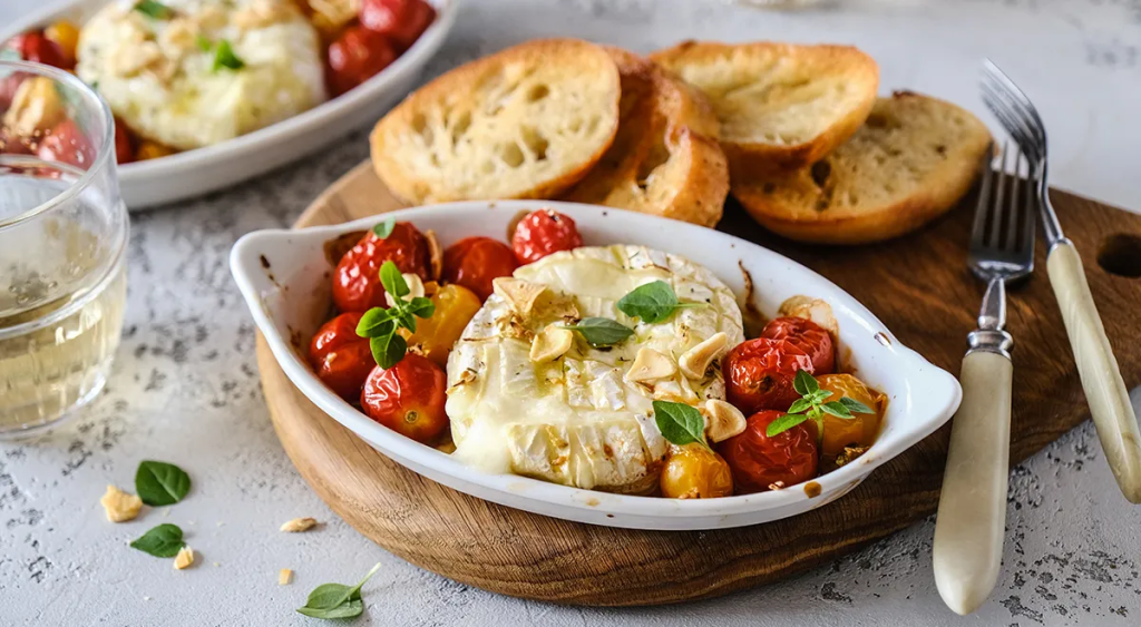 Сыр Камамбер в духовке с помидорами, багетом и чесноком: изысканная закуска за 20 минут